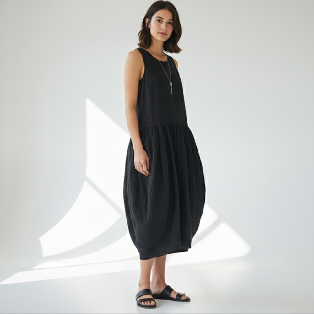 For Cynthia Linen Cocoon Midi Dress Black Artsy Oversized Size Large